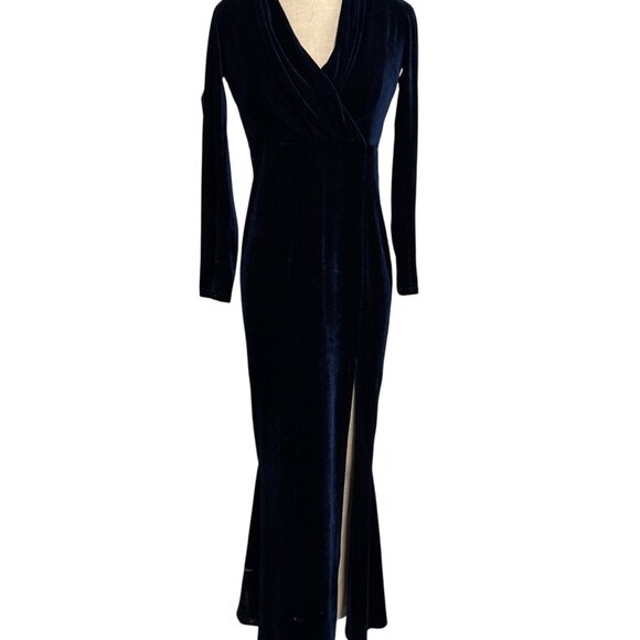 Collectif Vintage Navy Lexie Velvet Maxi Dress L UK 14 Long Sleeve Draped V-Neck - Picture 1 of 13
